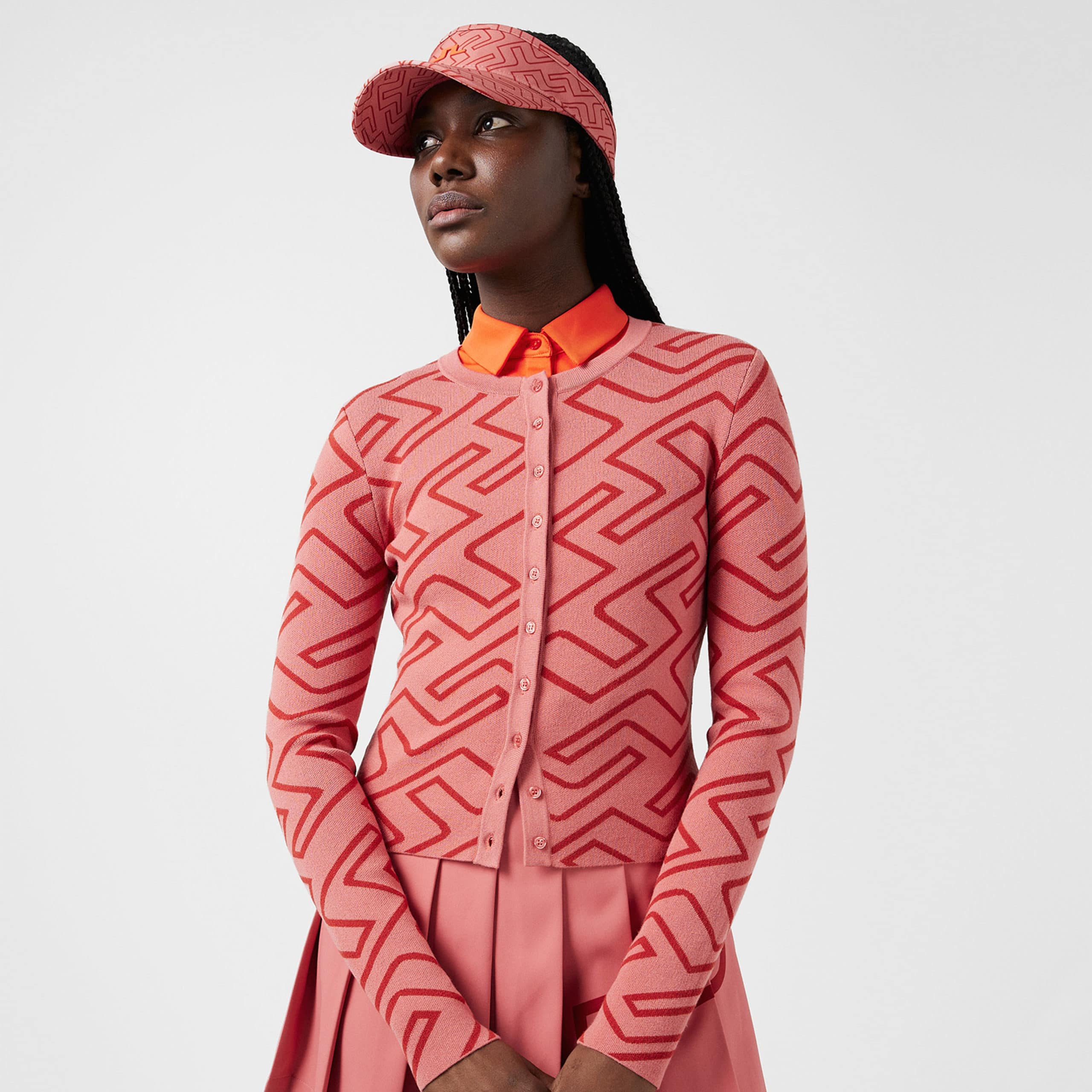 J Lindeberg Odessa Ladies Golf Cardigan Faded Rose Bridge Monogram